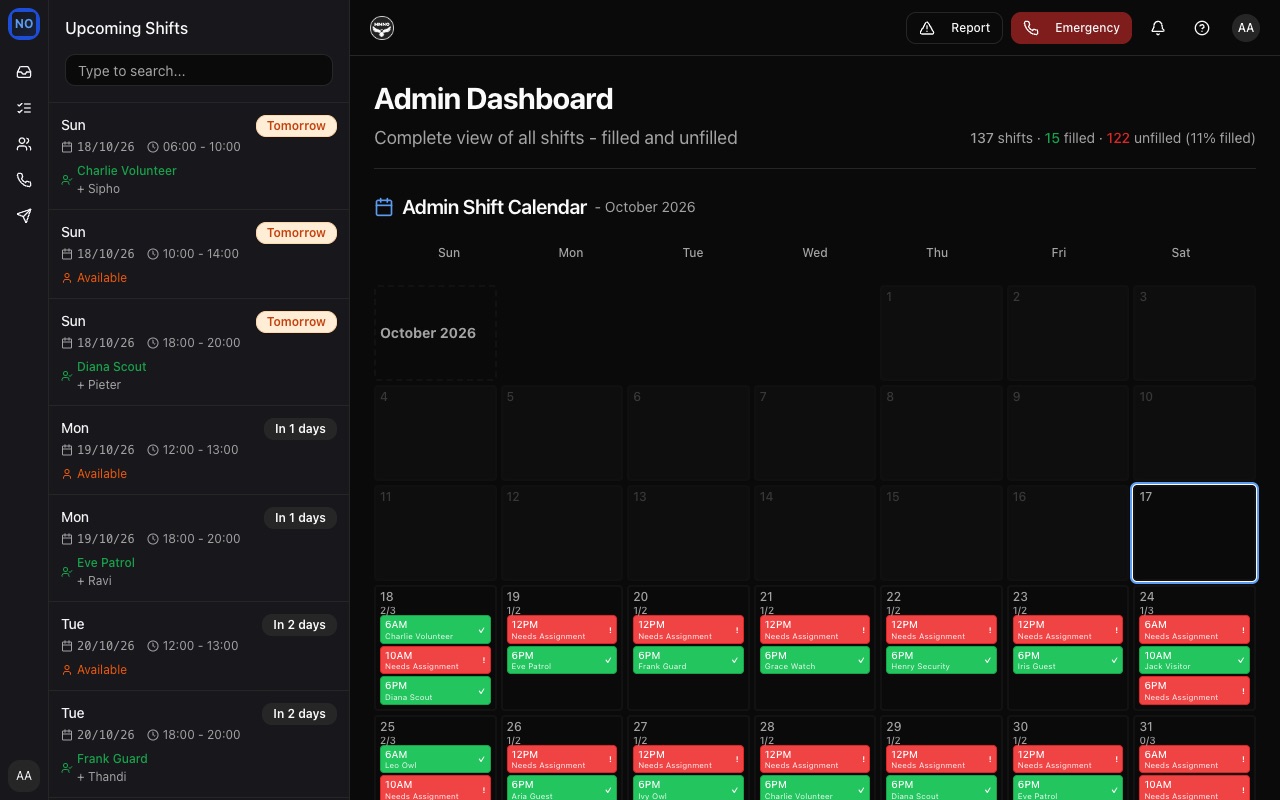 Night Owls: the admin’s calendar of shifts, filled and unfilled